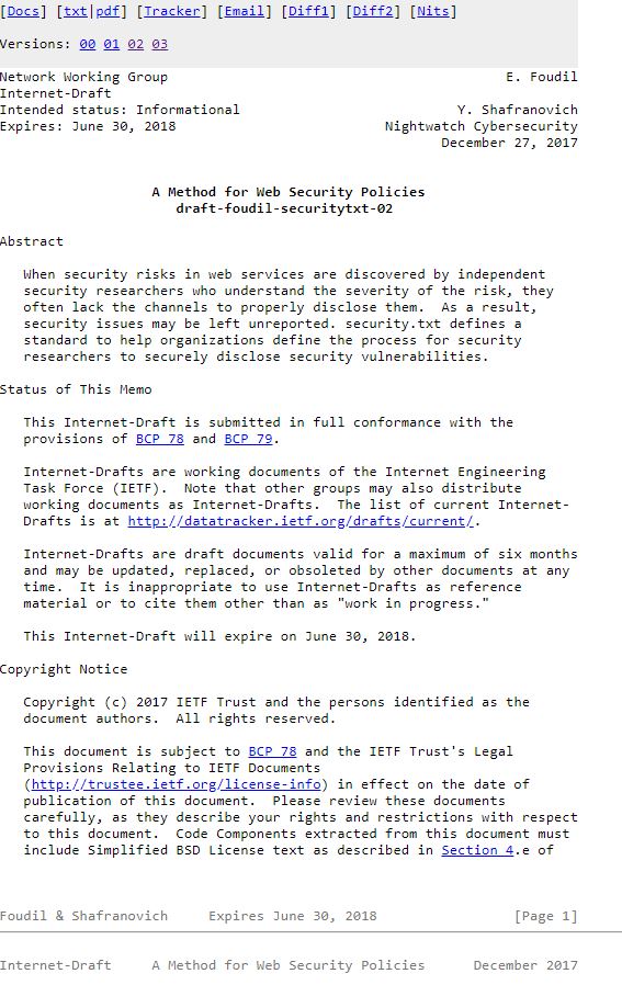 security.txt Internet Draft specifications